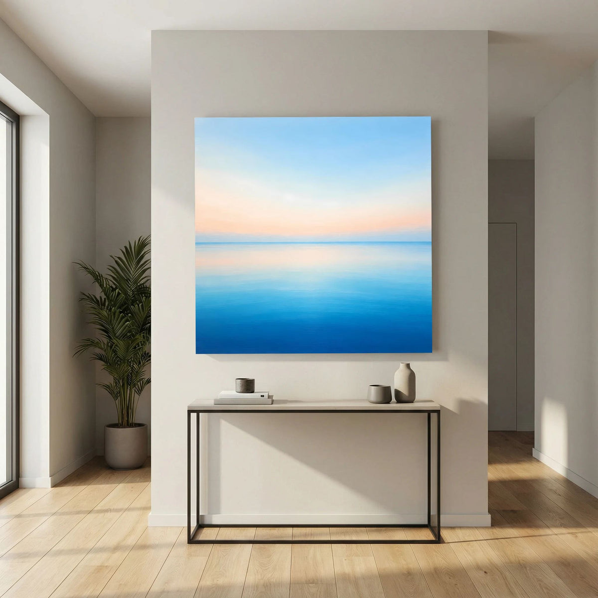 Quadratisches Leinwandbild Meer in Pastelltönen, Himmel hellblau bis Pfirsich