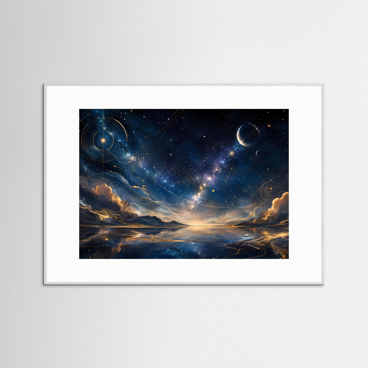 Wandkunst mit kosmischer Landschaft, Sternen und Planeten in Blau und Gold, Querformat im weißen Rahmen
