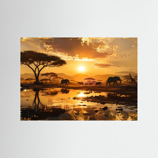 Afrika-Safari-Poster: Savanne mit Elefantenherde, Sonnenuntergang und Spiegelung im Wasser