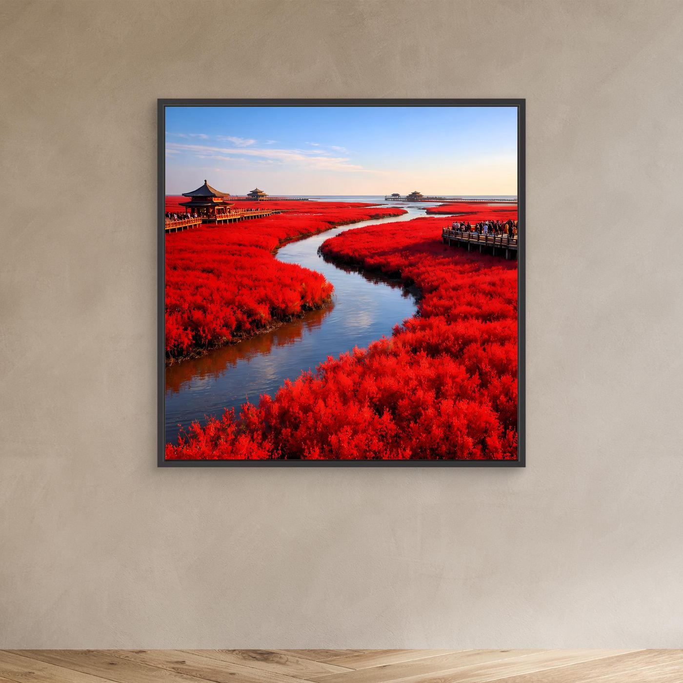 Leinwandbild mit schwarzem Rahmen: roter Fluss durch rote Pflanzen, Stege entlang der Ufer
