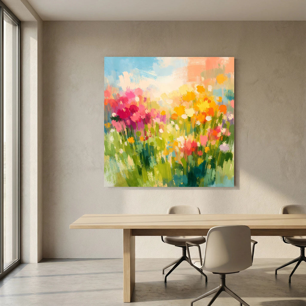 Leinwandbild mit abstrakten Wildblumen in bunten Farben, ohne sichtbaren Rahmen