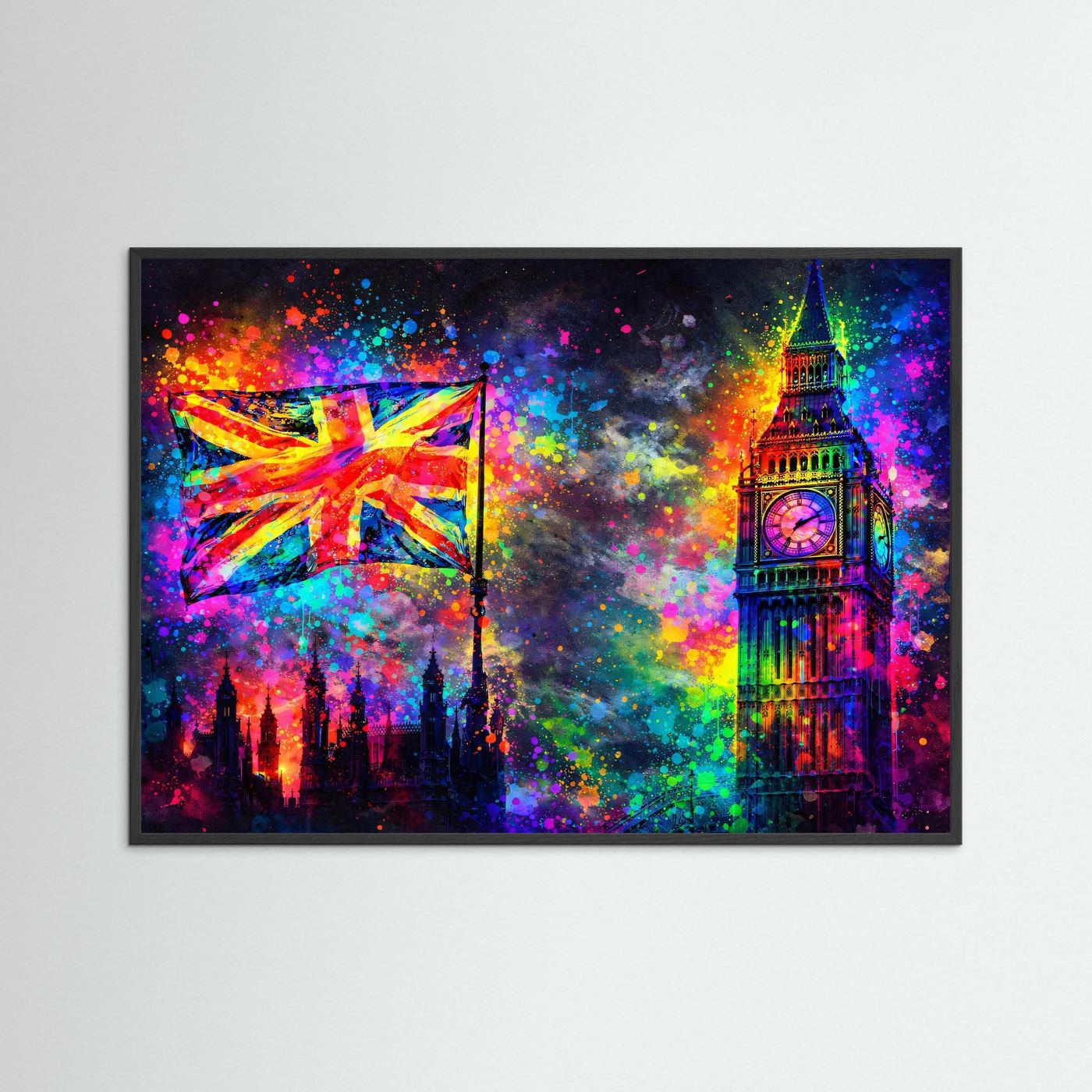 Poster Big Ben und Union Jack | Neonfarbenes London | Modernes Pop‑Art Wandbild