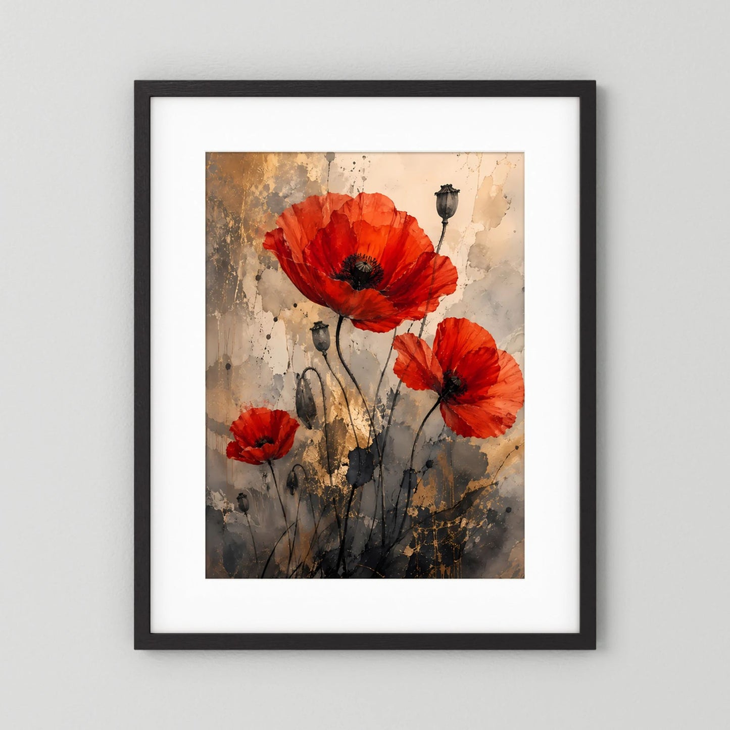 Abstraktes Mohnblumen-Poster mit roten Blüten, grauen Akzenten und schwarzen Linien, schwarz gerahmt