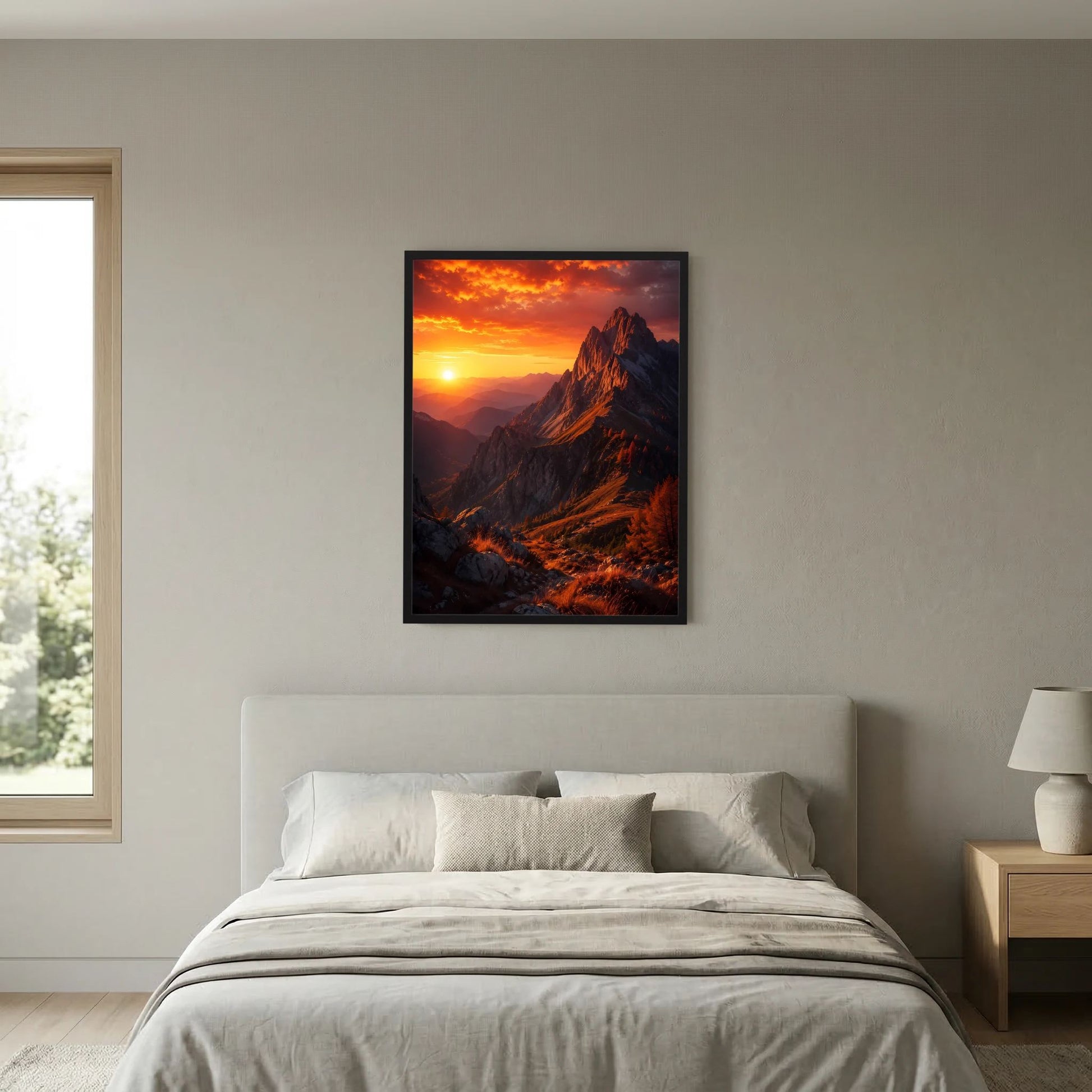 Poster an der Wand mit Berglandschaft bei Sonnenuntergang, schwarzer Rahmen und orange Sonne
