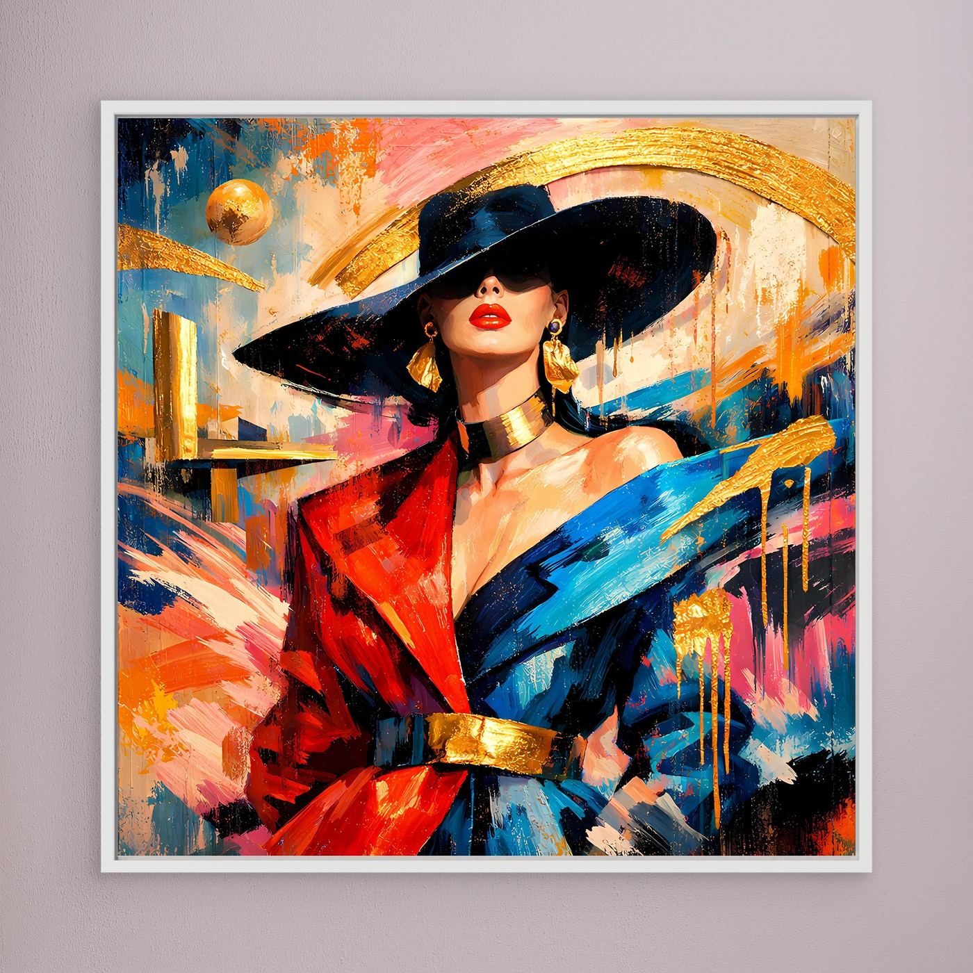Leinwandbild mit weißem Rahmen: elegante Dame mit Hut, abstraktes Fashion-Porträt in Blau, Rot, Gold