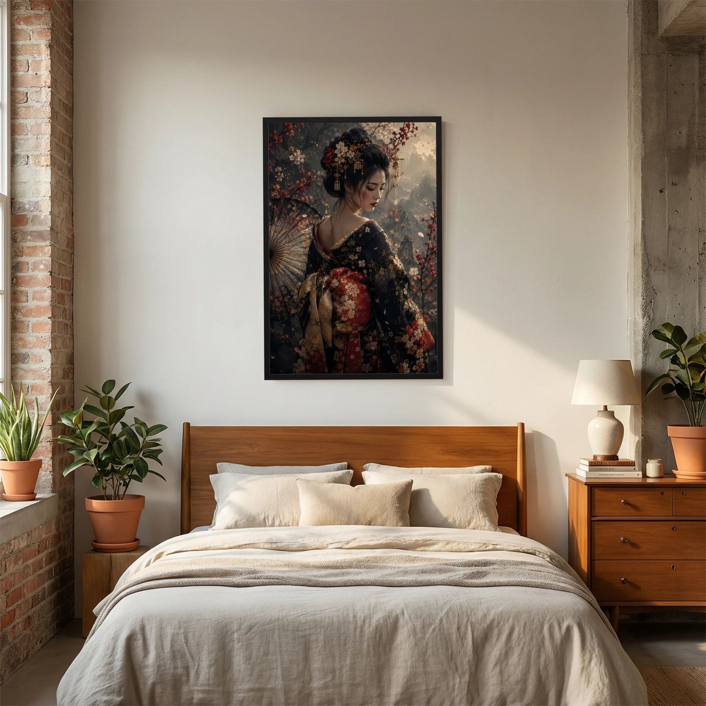 Wandposter im Hochformat mit Geisha im floralen Kimono und geöffnetem Fächer, schwarz gerahmt
