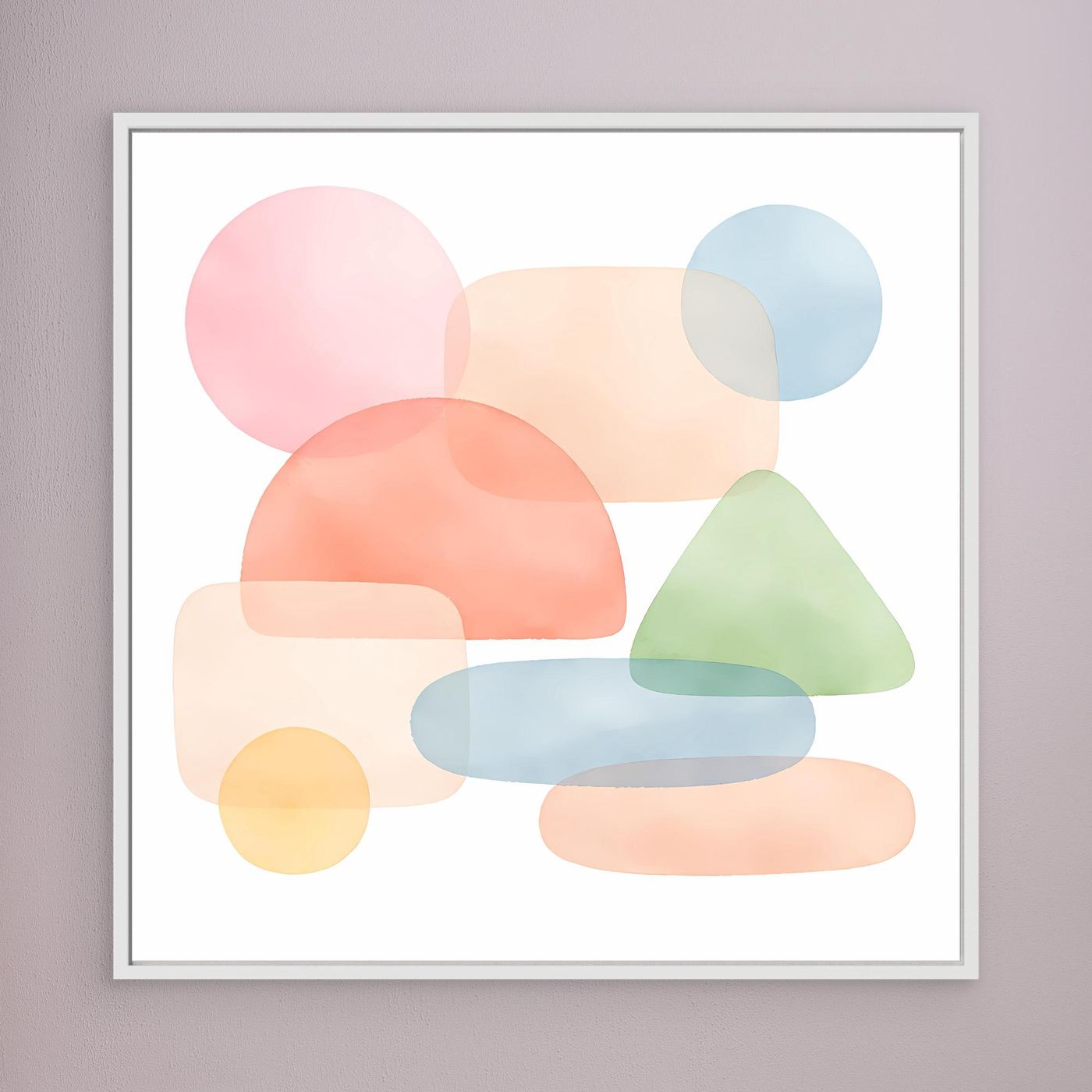Leinwandbild mit abstrakten Pastellformen in Pink, Blau, Grün und Beige, grau gerahmt