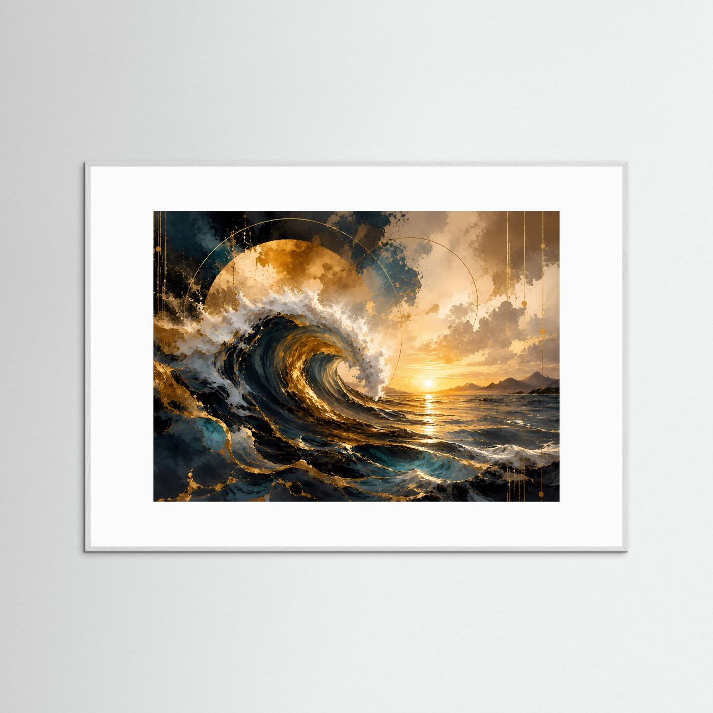 Meerposter mit goldener Welle, blauen Wellen und Sonnenuntergang, weißer Rahmen im Querformat