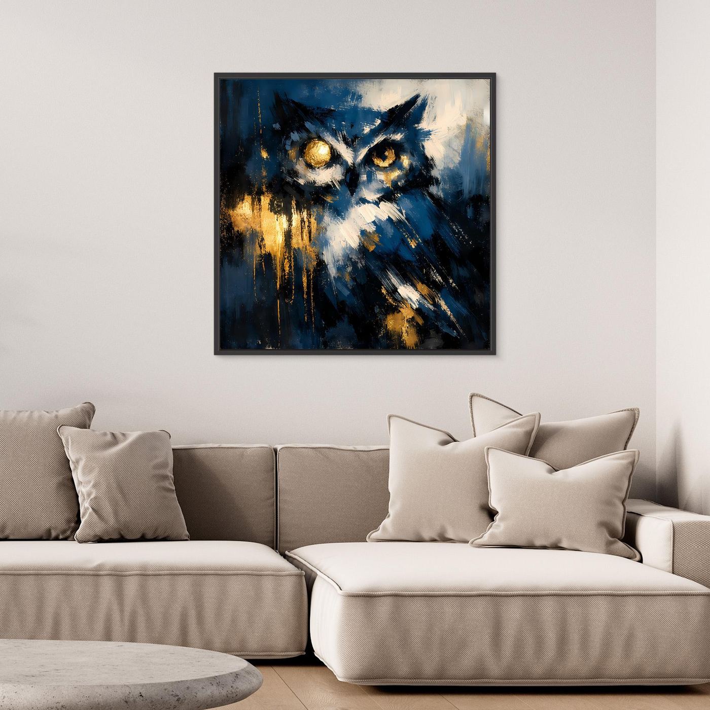 Leinwand-Wandbild mit abstrakter Eule in Blau und Gold, schwarzer Rahmen