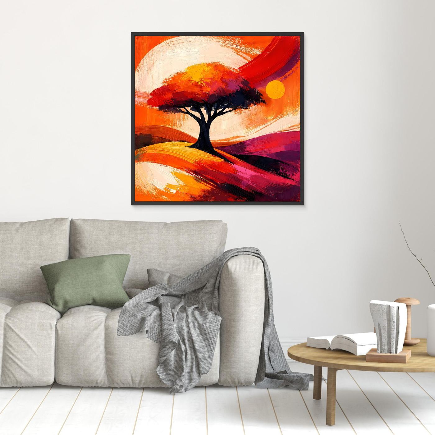 Leinwandbild mit abstraktem Baum in Orange-Rot, schwarzer Rahmen