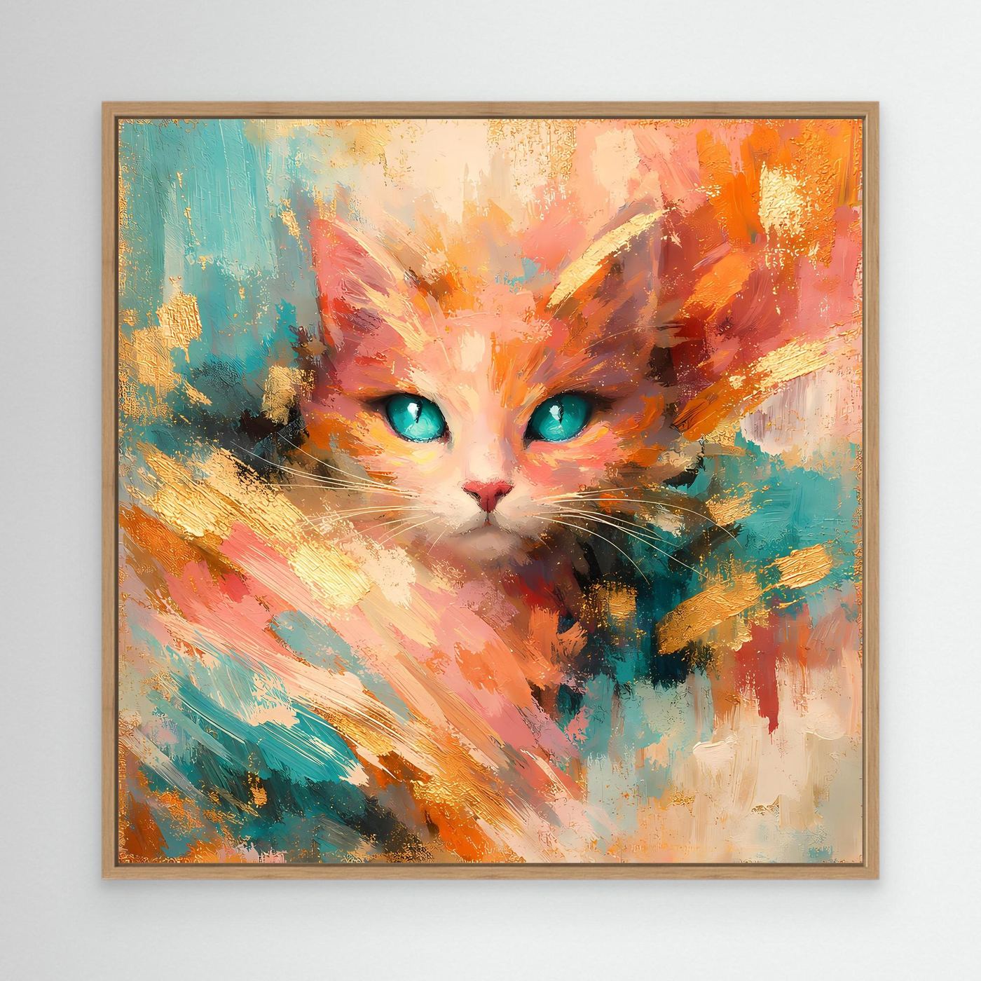 Leinwandbild abstrakte Katze mit türkisen Augen, orange-bunt, im Eichenrahmen