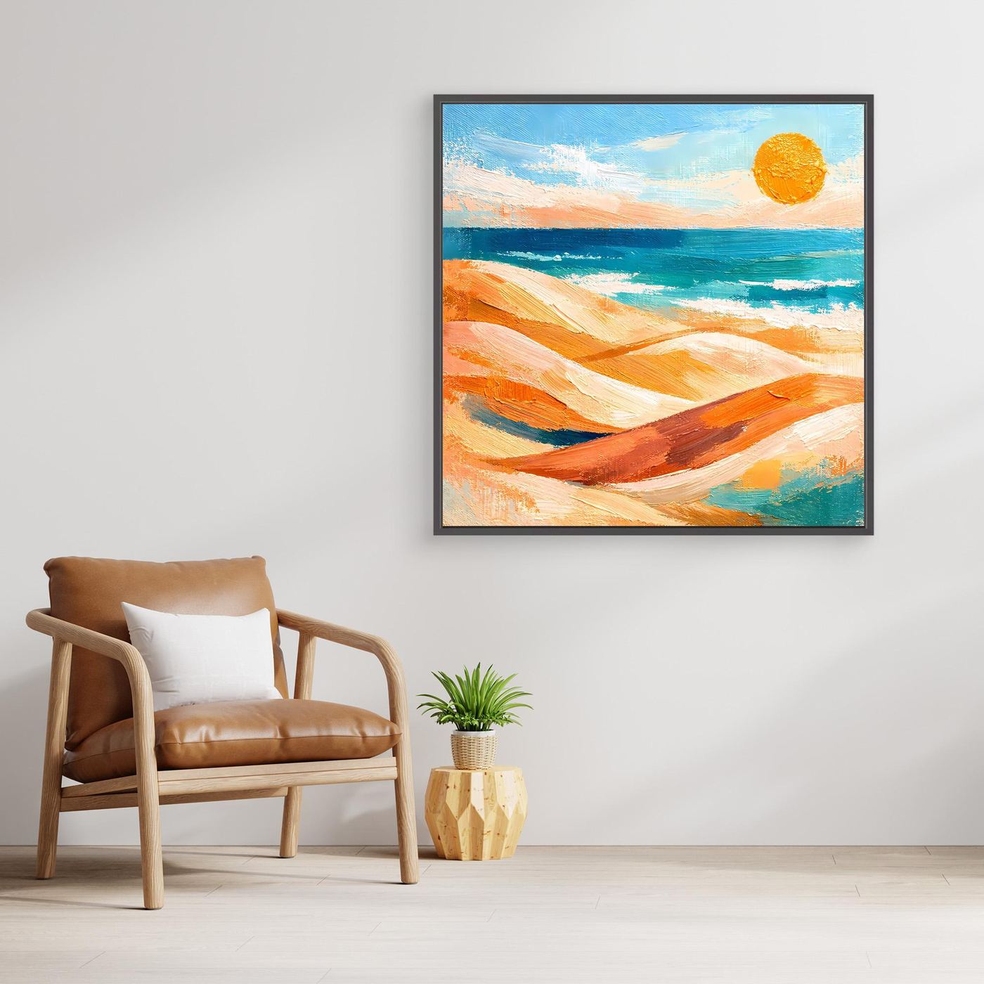 Wandbild mit abstraktem Dünen- und Meer-Motiv, orangefarbene Sonne, dunkel gerahmt