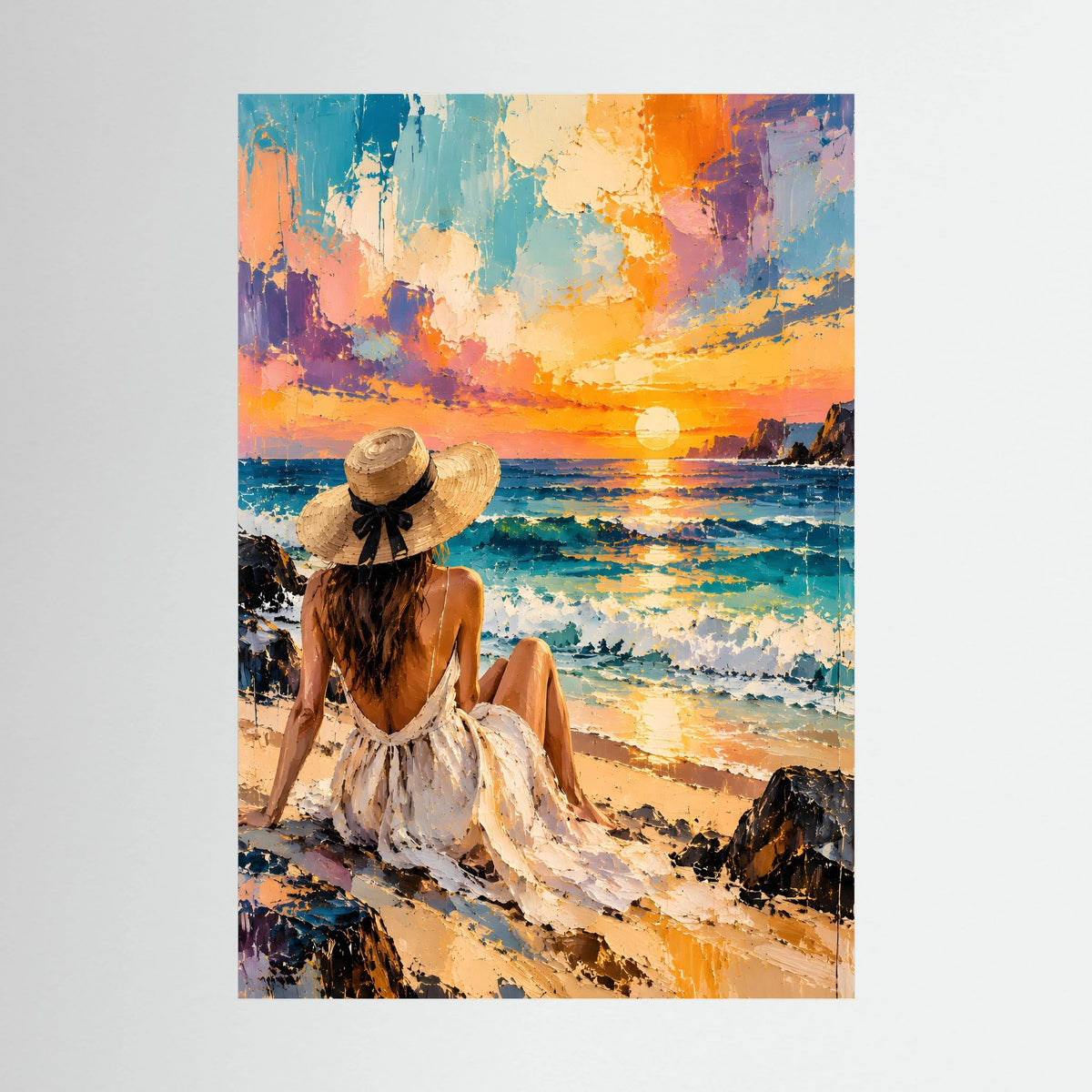 Poster-Druck mit Strandfrau, türkis und orange, Hochformat