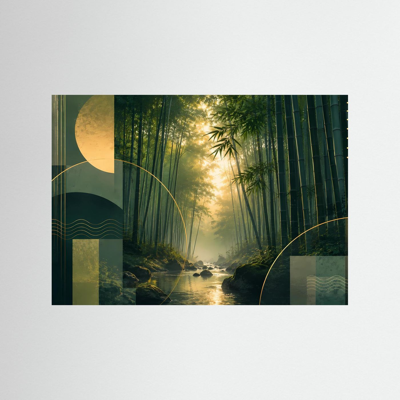 Bambuswald Poster Querformat | Japanische Natur Landschaft in Grün & Gold | Asiatisches Zen Wandbild