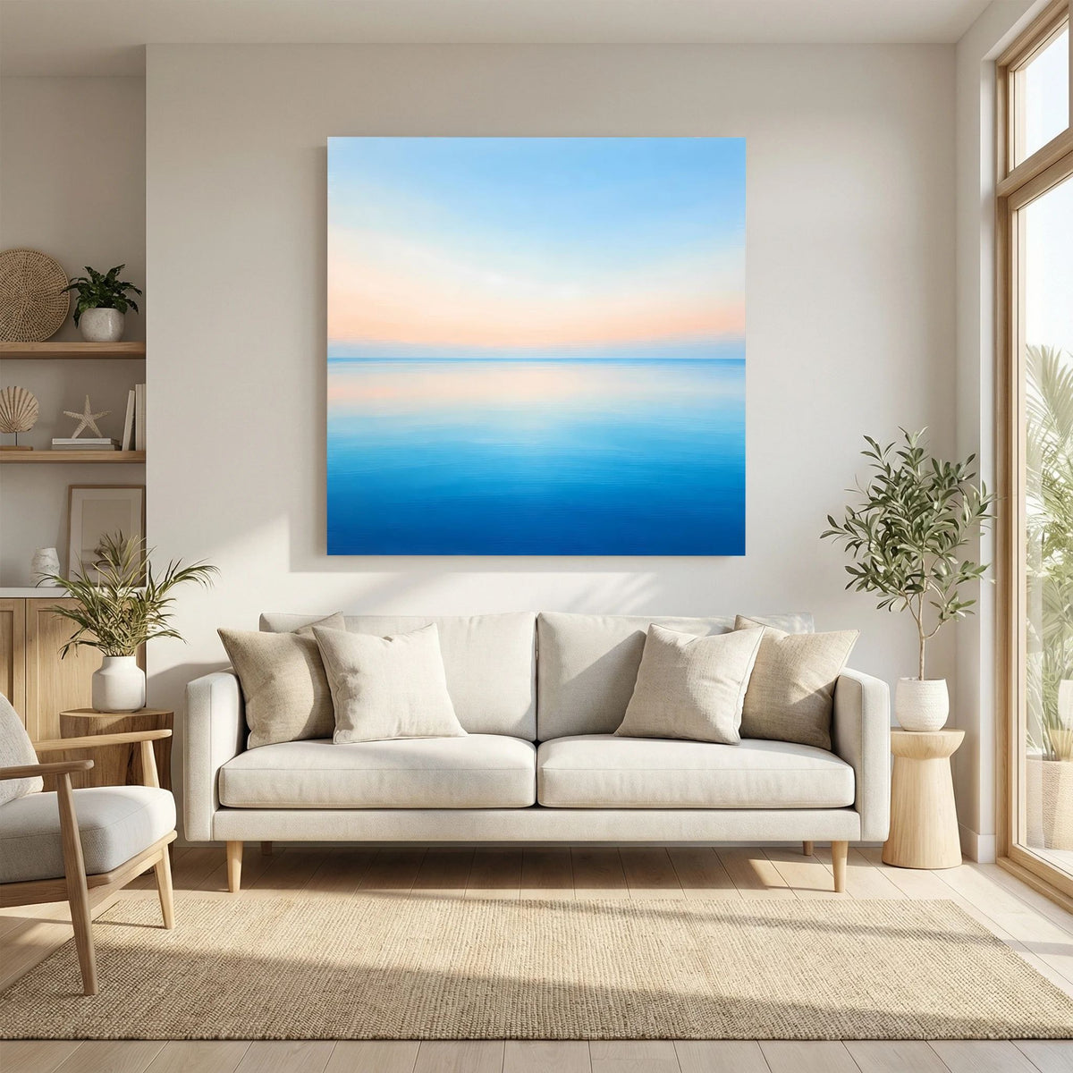 Quadratisches Leinwandbild mit Meereshorizont, Pastellhimmel und tiefblauem Wasser