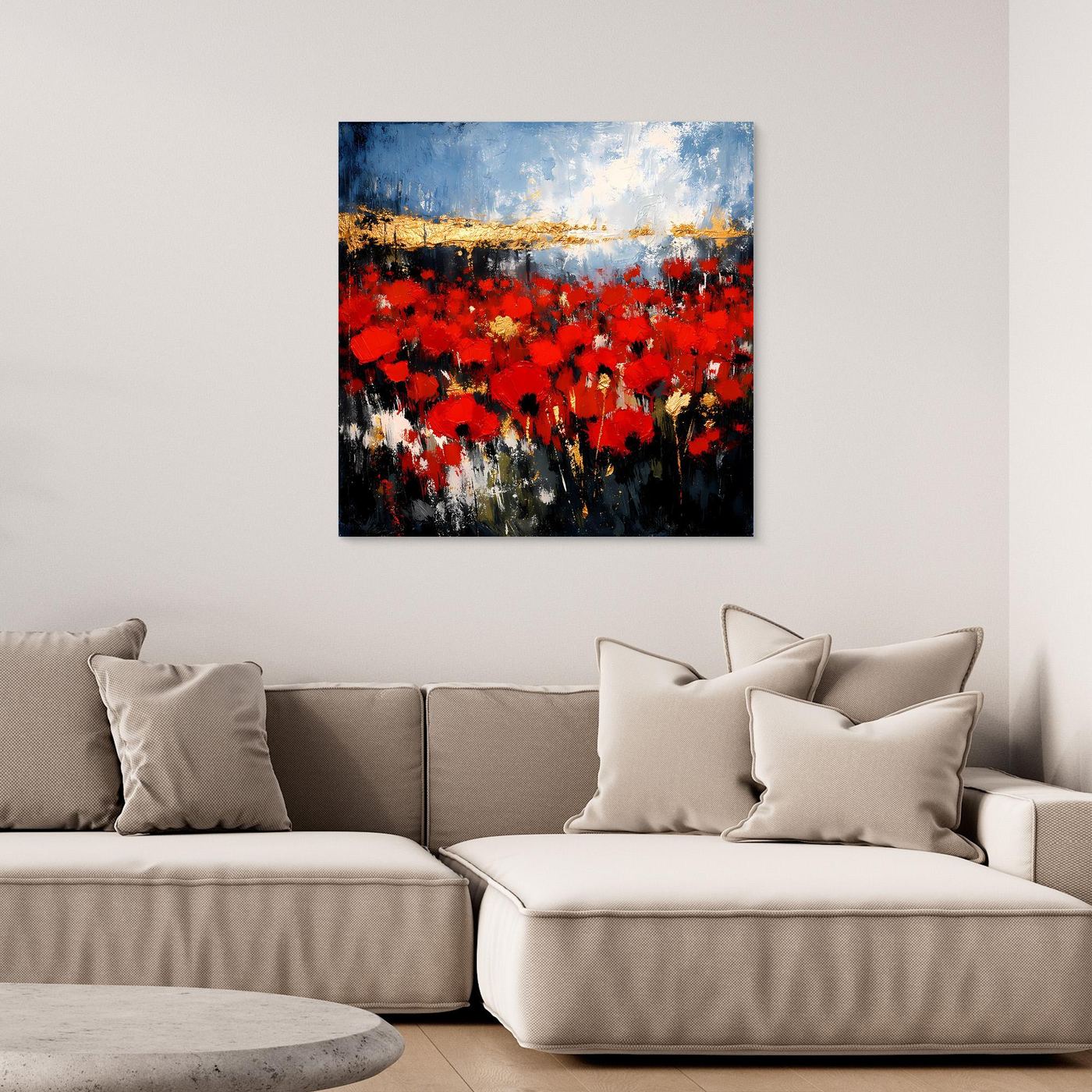 Abstraktes Wandbild mit rotem Blütenfeld, blauem Himmel und goldener Horizontlinie