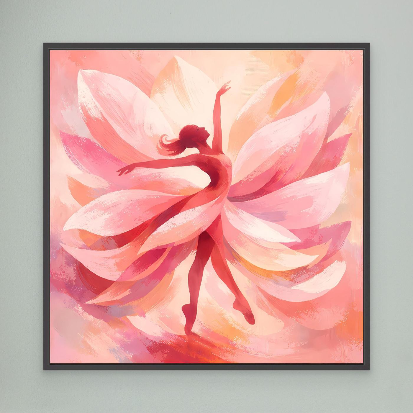 Leinwandbild mit rosa Tänzerin im Blütenwirbel, schwarzer Rahmen