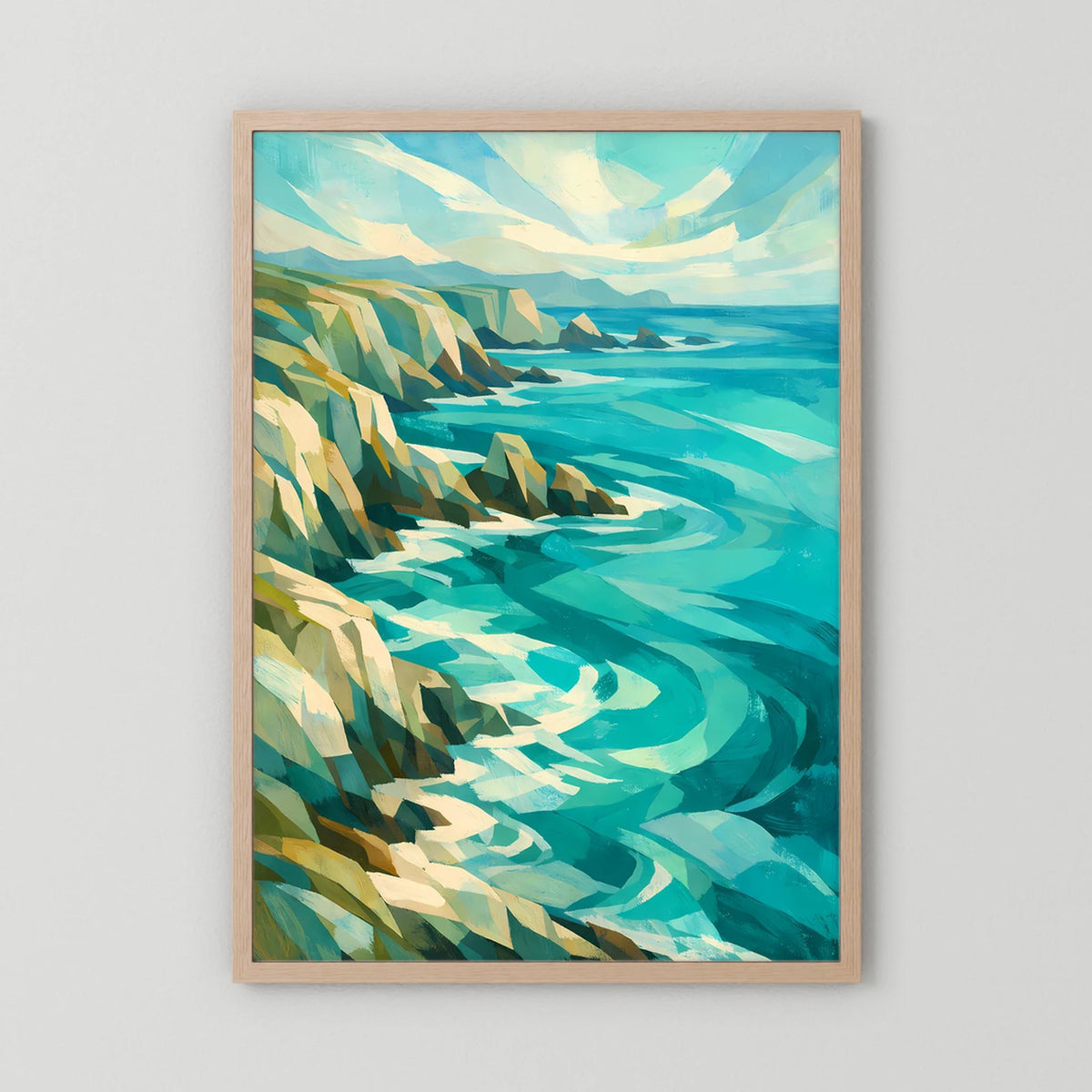 Poster Hochformat: türkisfarbene Küste mit Felsen, abstrakt, heller Holzrahmen