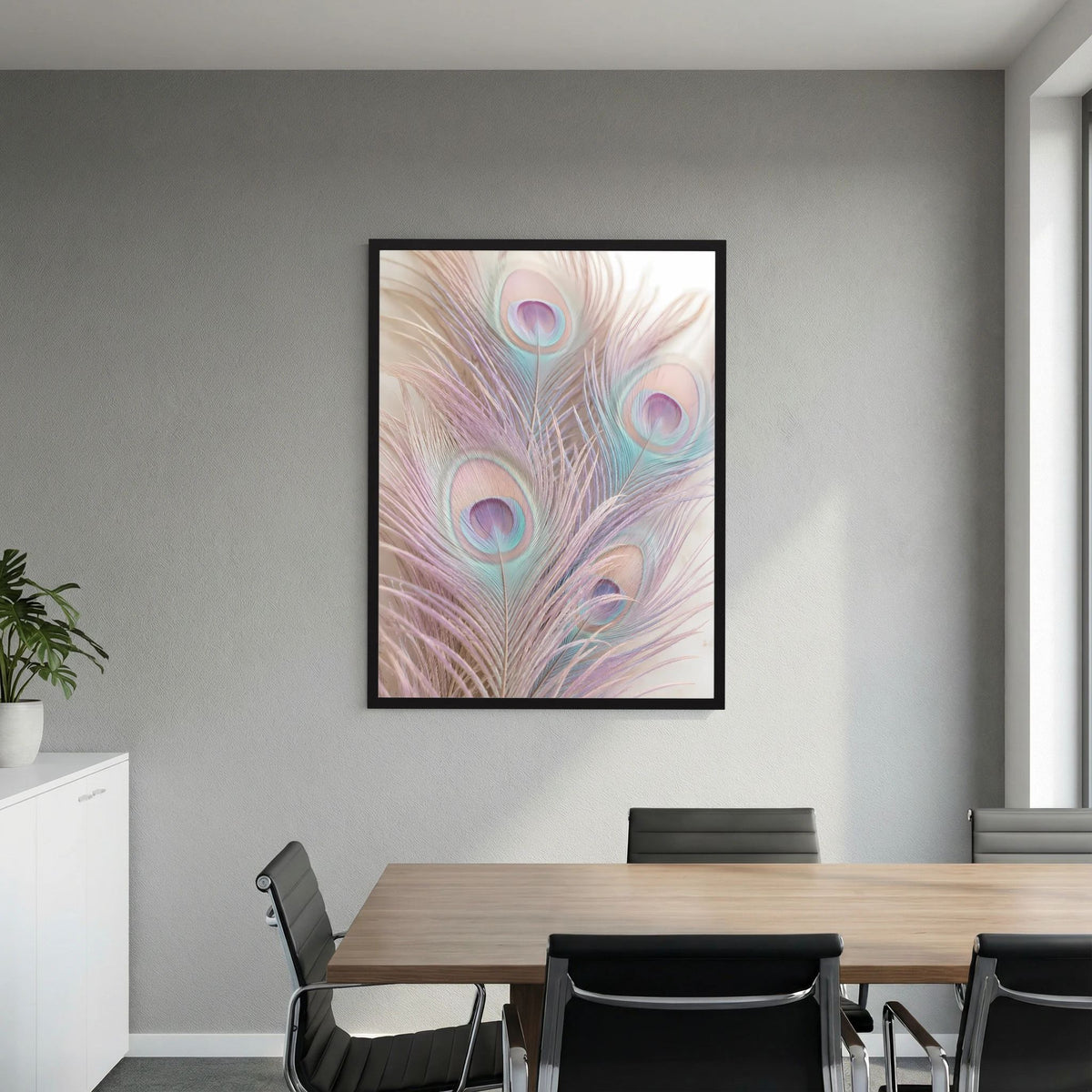 Wandposter mit Pfauenfedermotiv in Pastellfarben, schwarz gerahmt