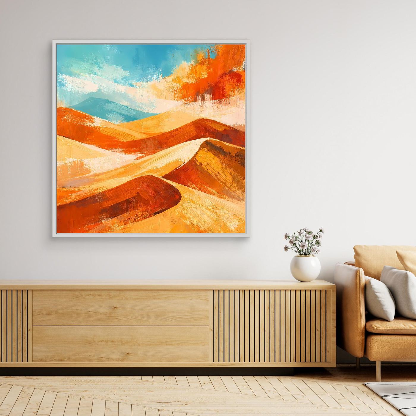 Abstract desert landscape wall art with orange and gold sand dunes, in dark frame