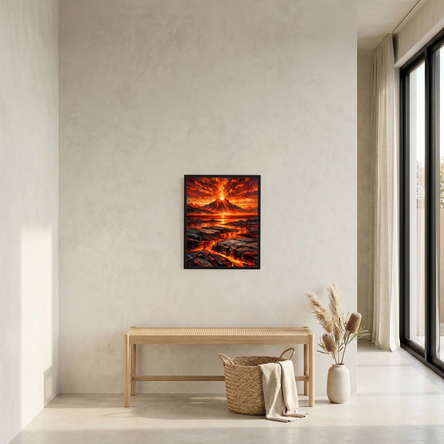 Gerahmtes Vulkan-Poster (Hochformat) mit glühender Lava, Bergen und orangefarbenem Himmel