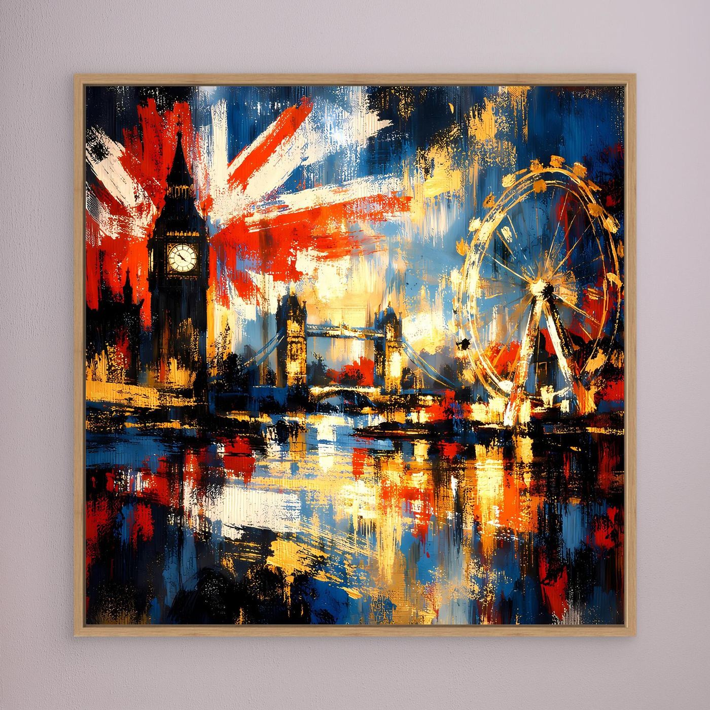 Abstraktes Leinwandbild im goldfarbenen Holzrahmen: Skyline, Union-Jack-Farben und Riesenrad