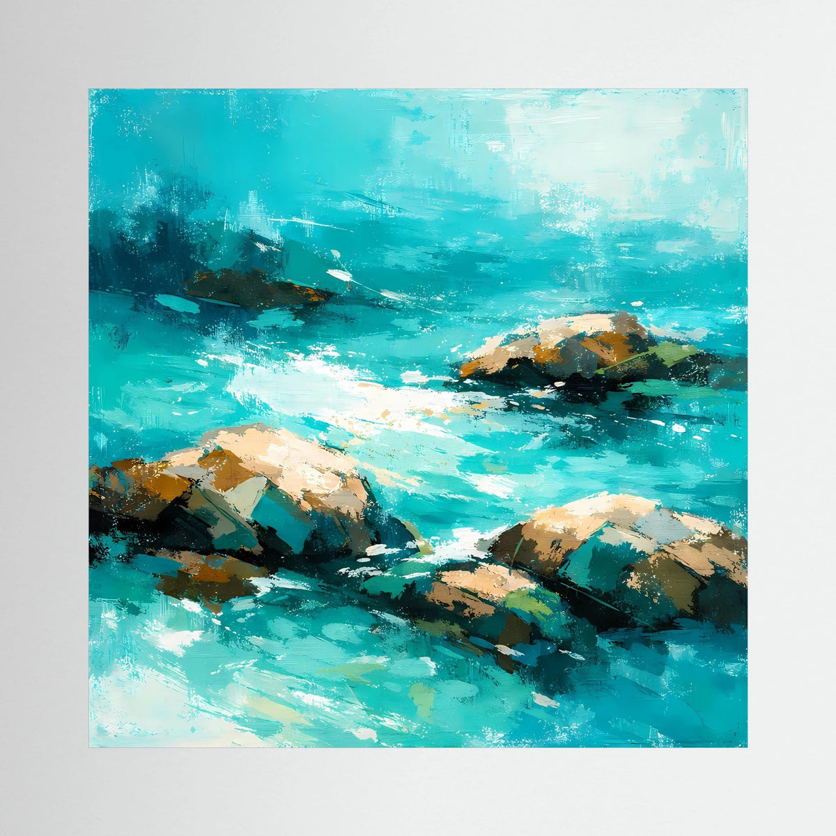 Leinwand-Wandbild mit abstraktem Meer in Türkis und Felsen