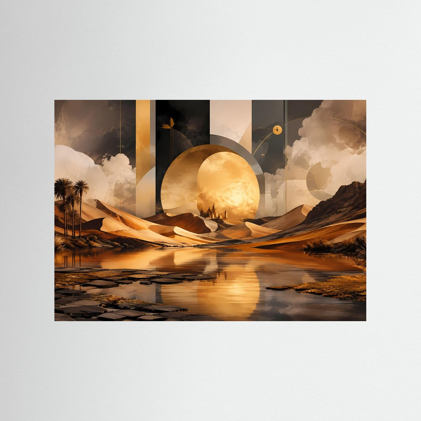 Surreale Wüstenlandschaft in Gold | Oase, Sonne & abstrakte Geometrie