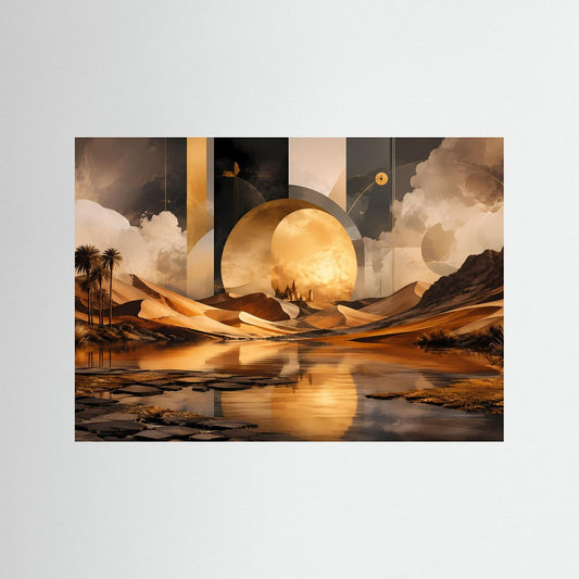 Wandbild mit abstrakter Gold-Oase, Wüstenlandschaft und kreisförmiger Sonne, ohne Rahmen