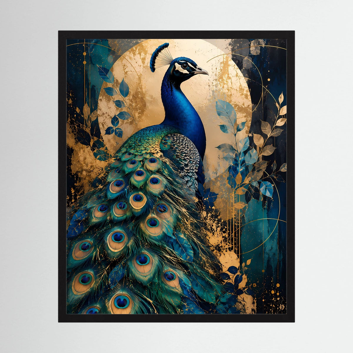 Hochformat-Poster im schwarzen Rahmen mit Pfau in Blau und Gold