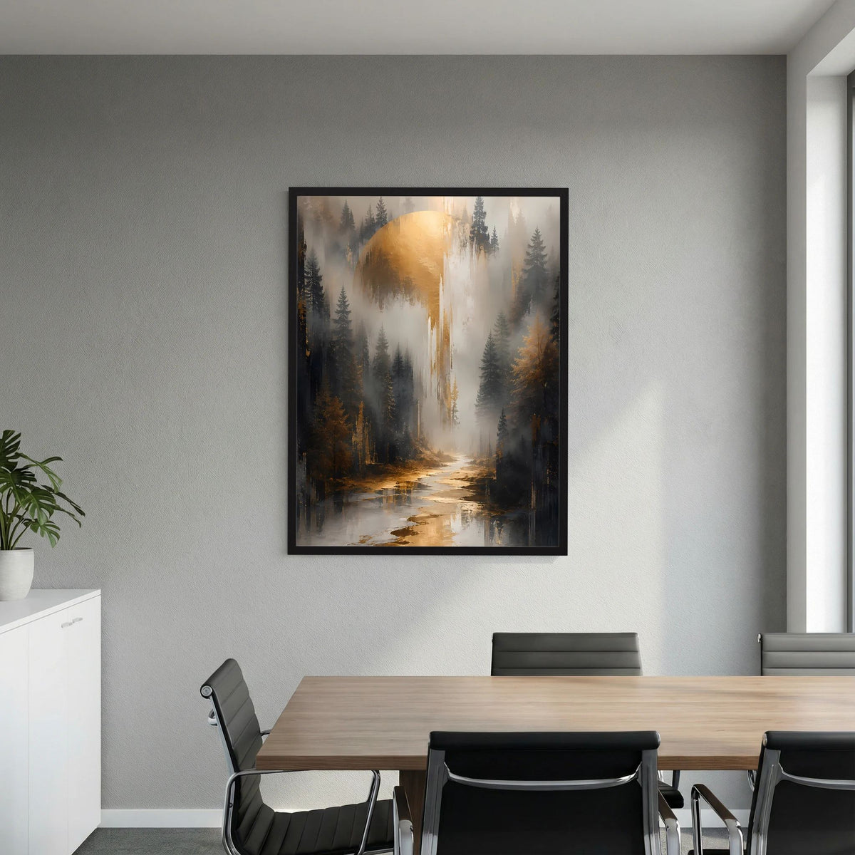 Schwarz gerahmtes Poster mit Wald und Fluss, goldener Nebelschimmer im Hintergrund
