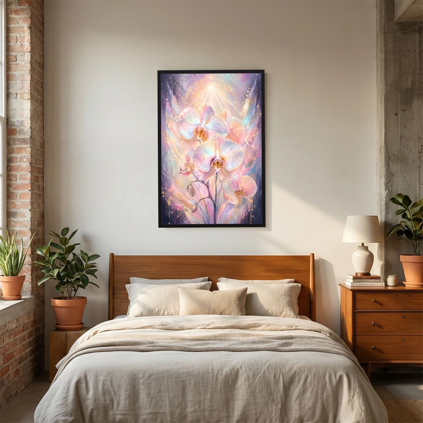 Poster im Hochformat mit Pastell-Orchideen, schwarzer Rahmen
