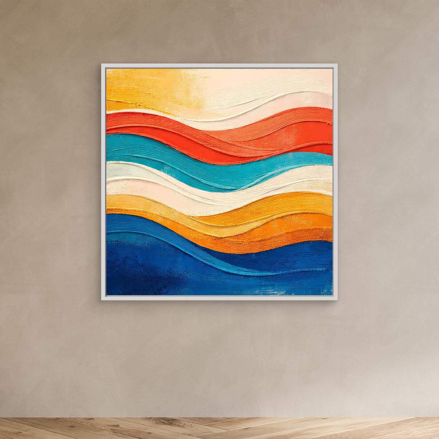 Abstraktes Leinwand-Wandbild mit Relief-Wellen in Gelb, Rot, Blau und Türkis, weiß gerahmt