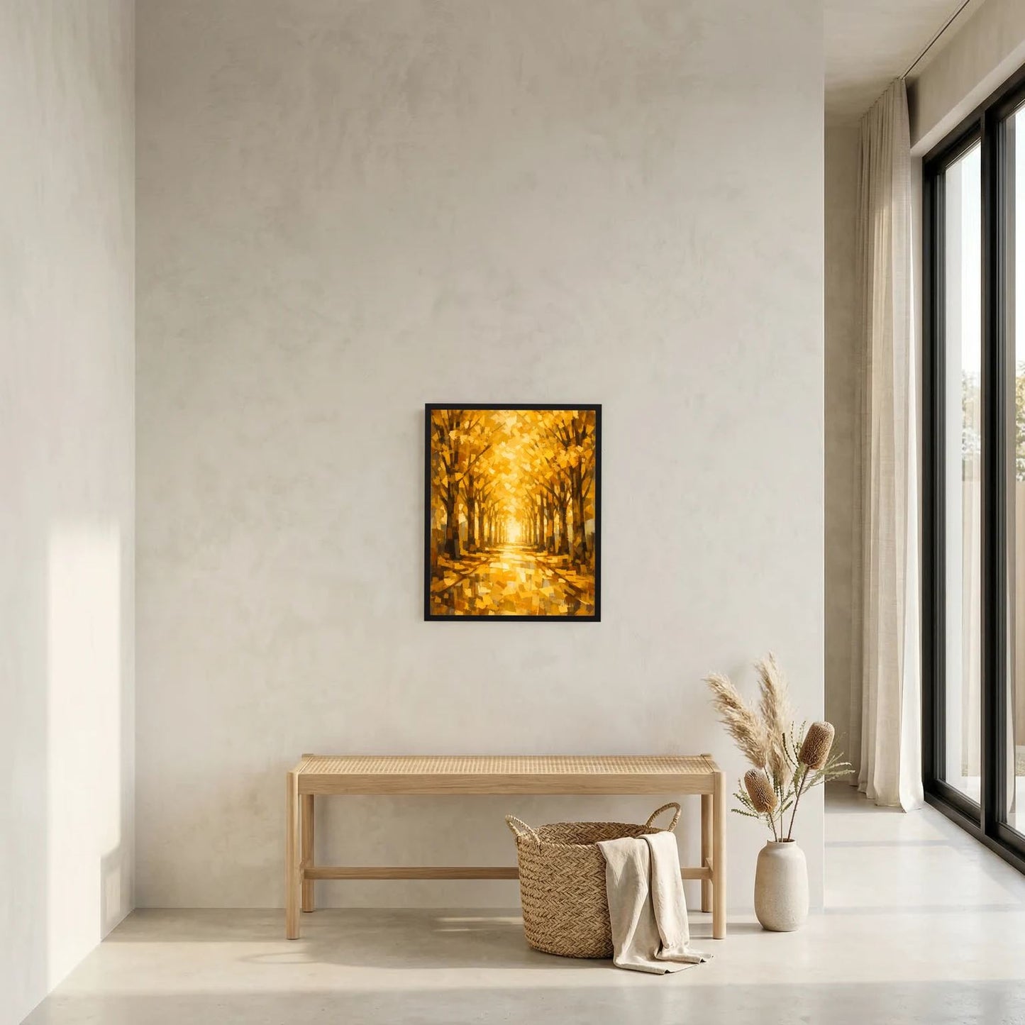 Hochformatiges Wandbild im schwarzen Rahmen mit goldener Baumallee im Herbstwald