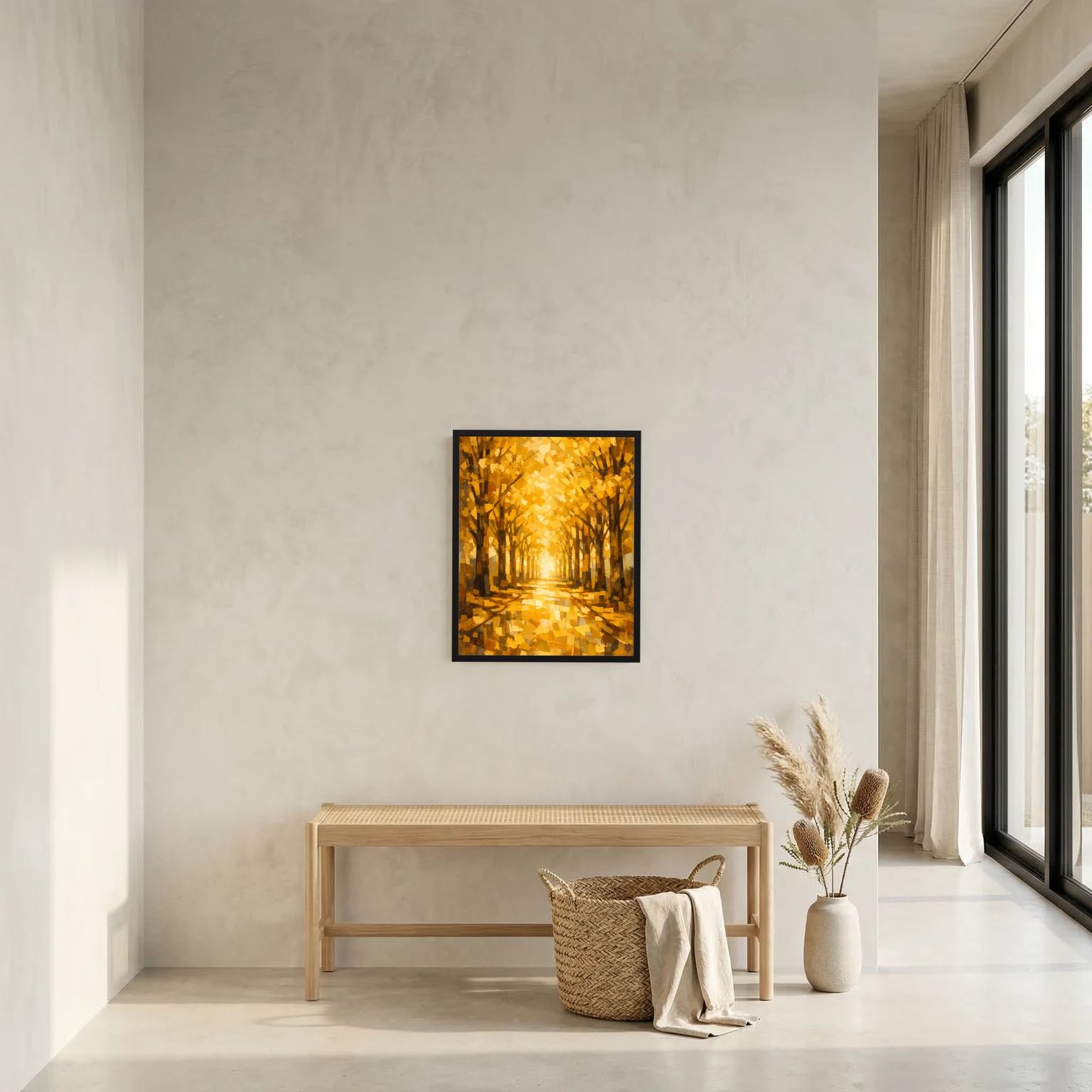 Hochformatiges Wandbild im schwarzen Rahmen mit goldener Baumallee im Herbstwald