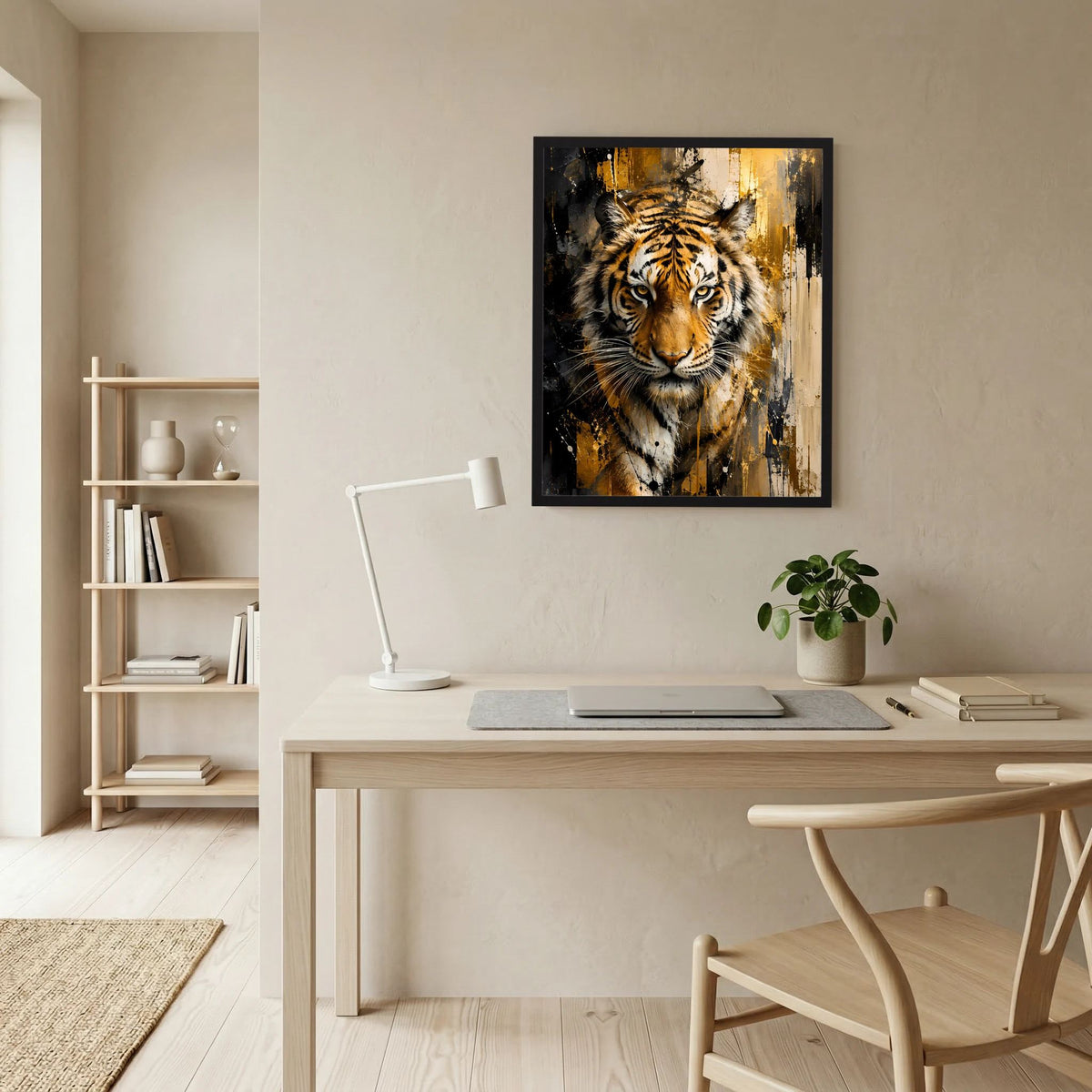 Kunstposter im schwarzen Rahmen, Hochformat: Tigerkopf in Schwarz-Gold mit Spritzmuster