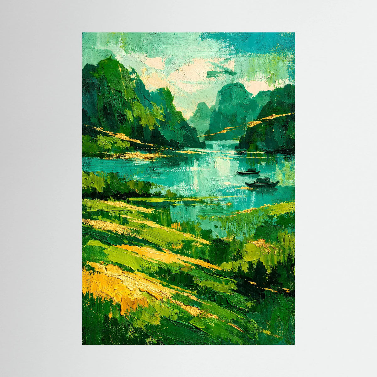 Abstraktes grünes Flusslandschaft-Poster mit Booten, Hochformat, ohne sichtbaren Rahmen