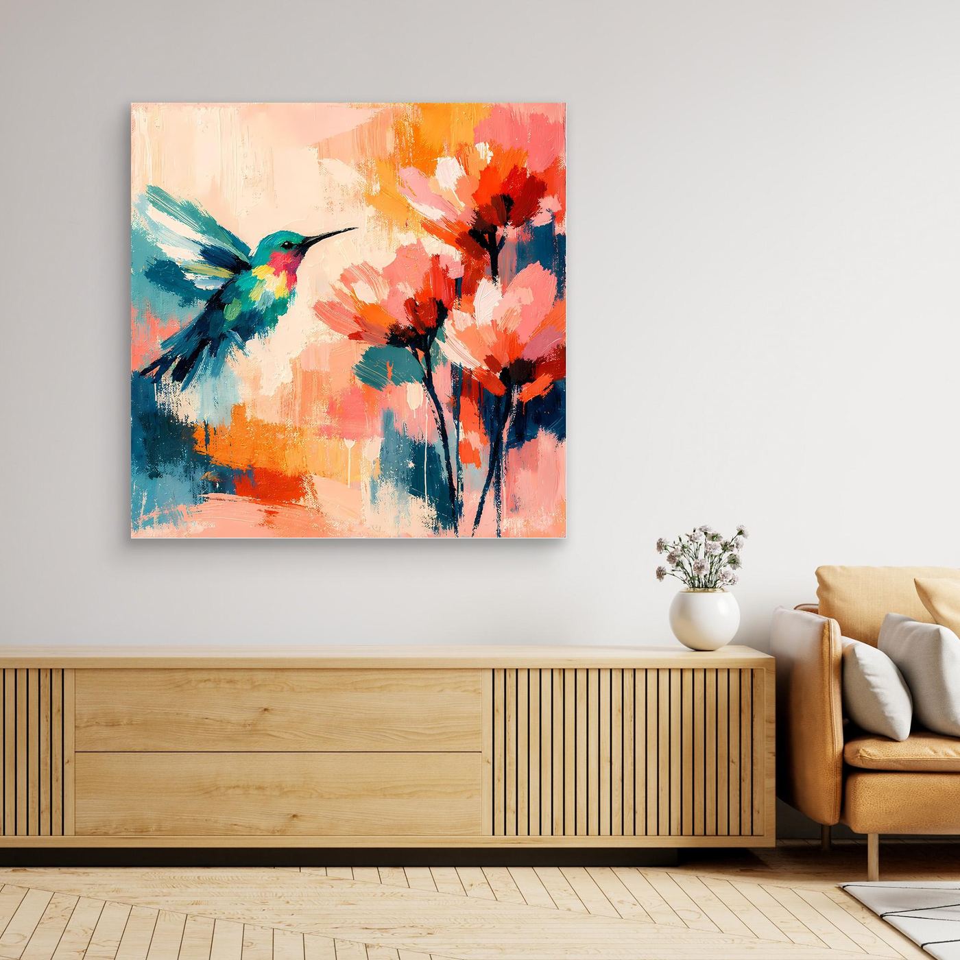 Abstract hummingbird canvas wall art with colorful flower blooms, unframed