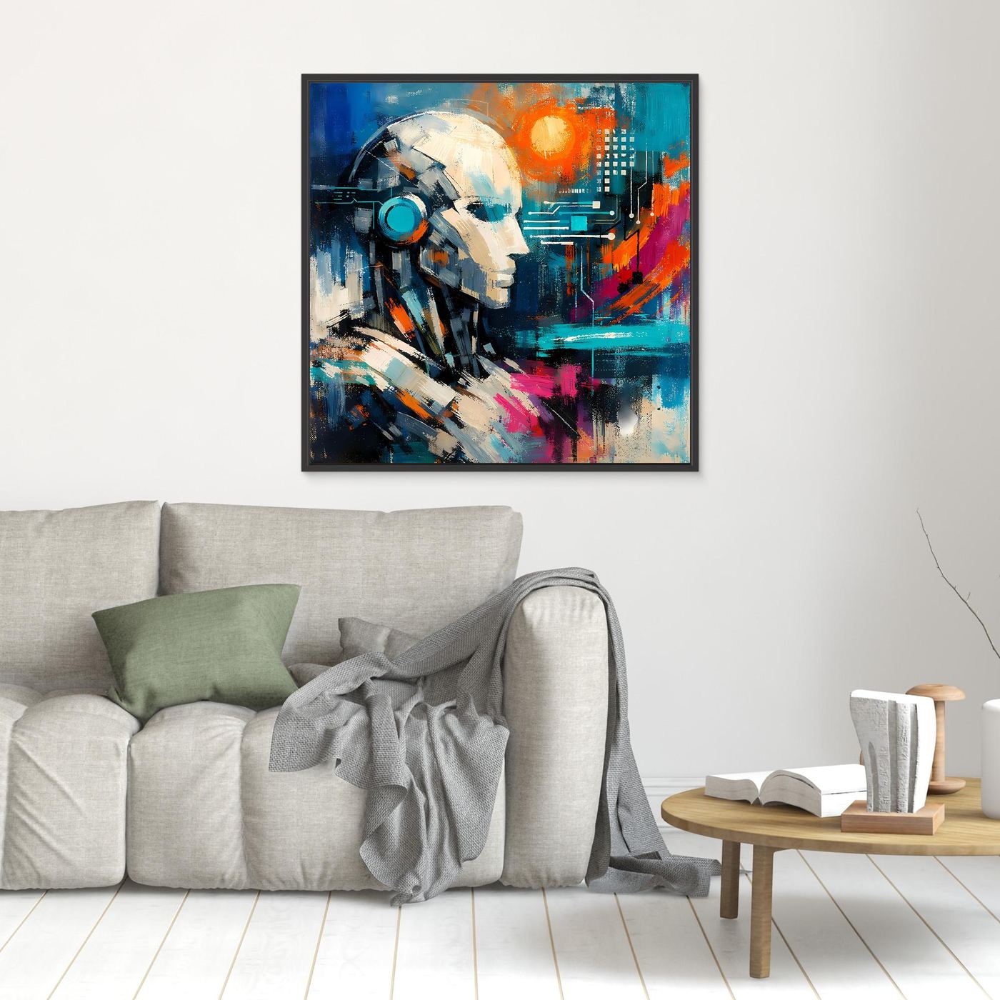 Small abstract robot face canvas with blue, orange, and magenta paint strokes in a black frame