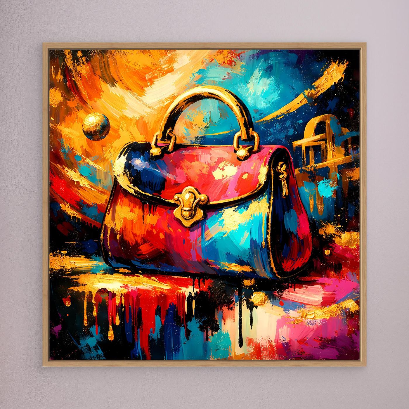 Leinwandbild mit abstrakter Handtasche, bunte Farbspritzer und goldene Akzente in Holzrahmen
