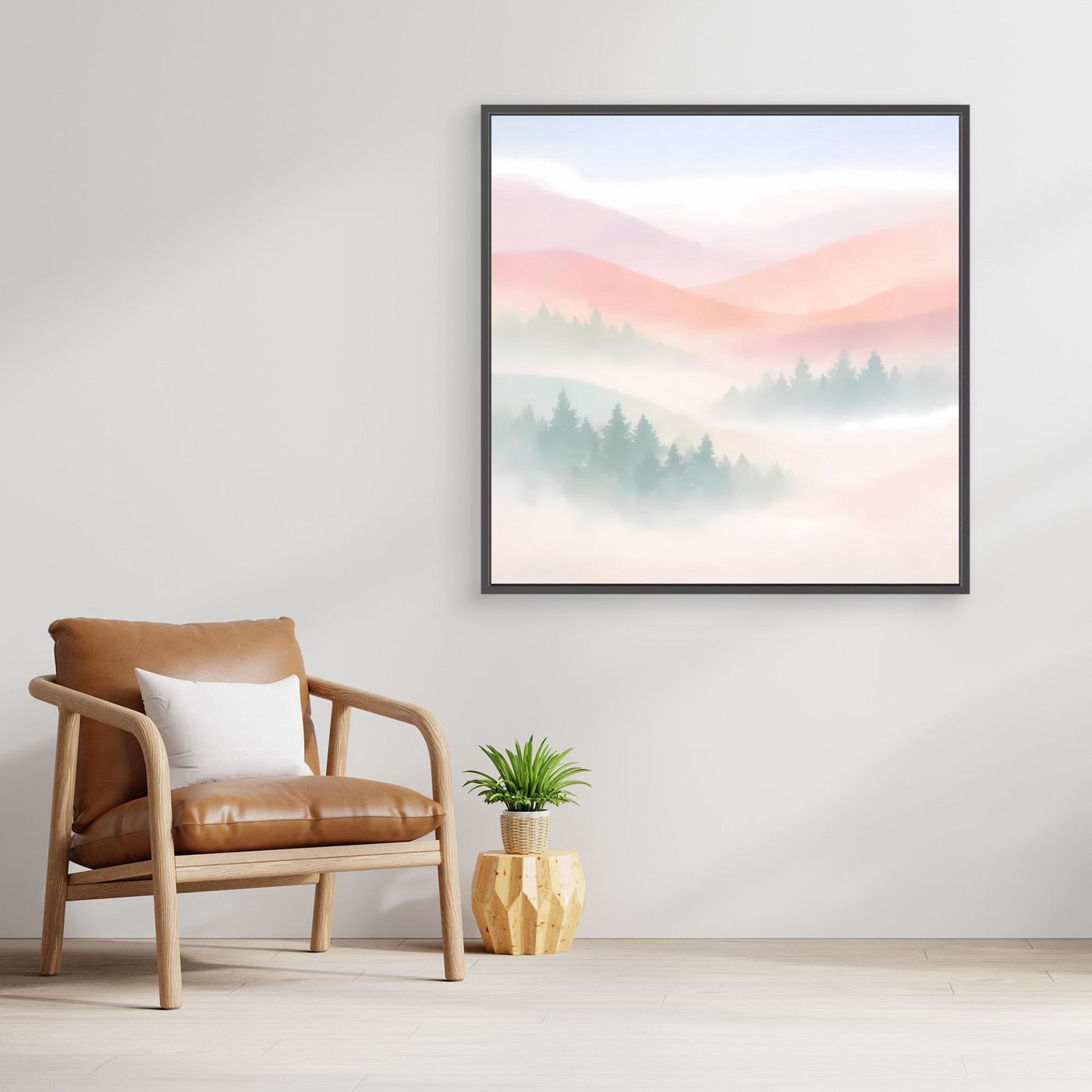 Leinwandbild im schwarzen Rahmen mit pastellfarbenem Bergmotiv und Morgennebel
