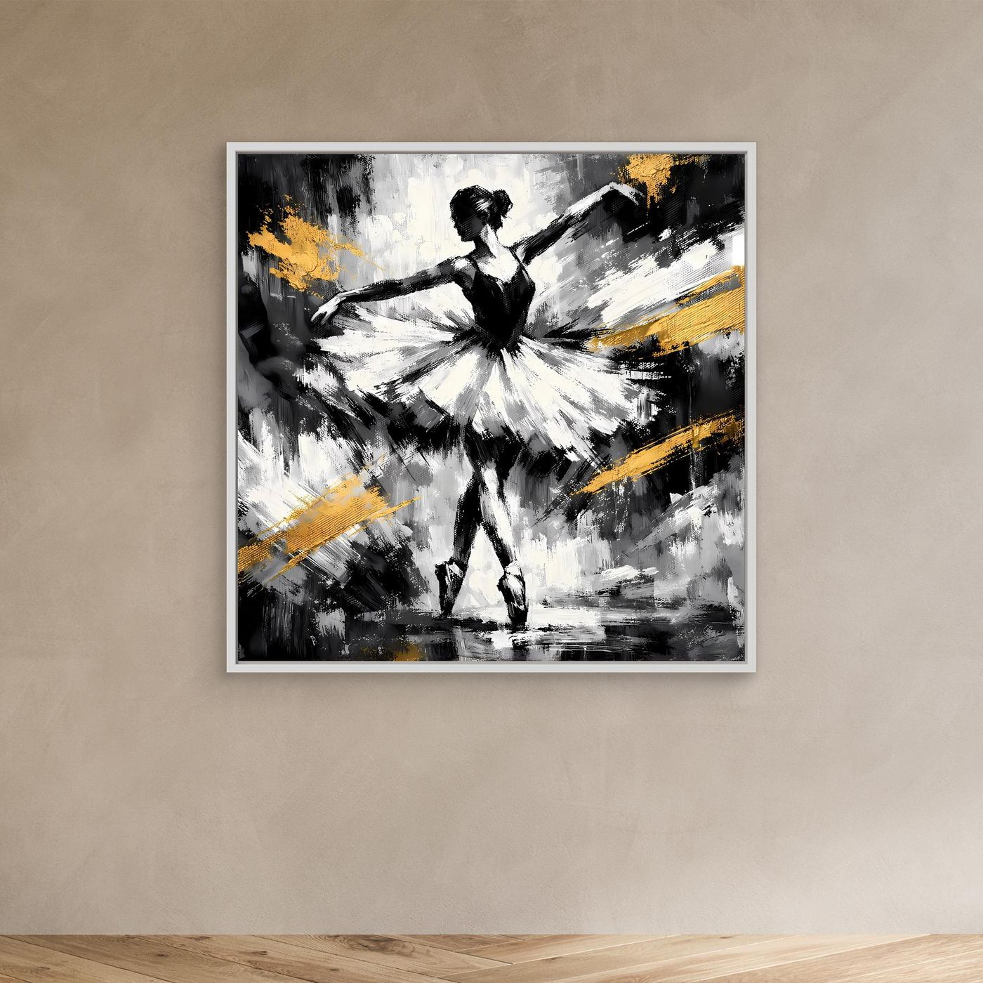 Abstraktes Leinwandbild mit Ballerina in Schwarz-Weiß mit goldenen Pinselstrichen, weißer Rahmen