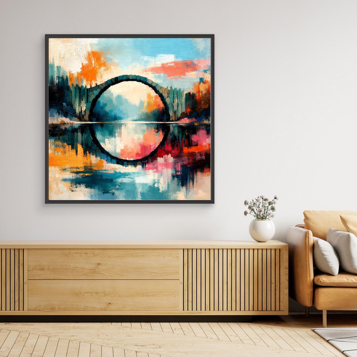 Premium Leinwand Mystische Kreisbrücke im Wasser | Abstraktes Natur Wandbild farbenfroh