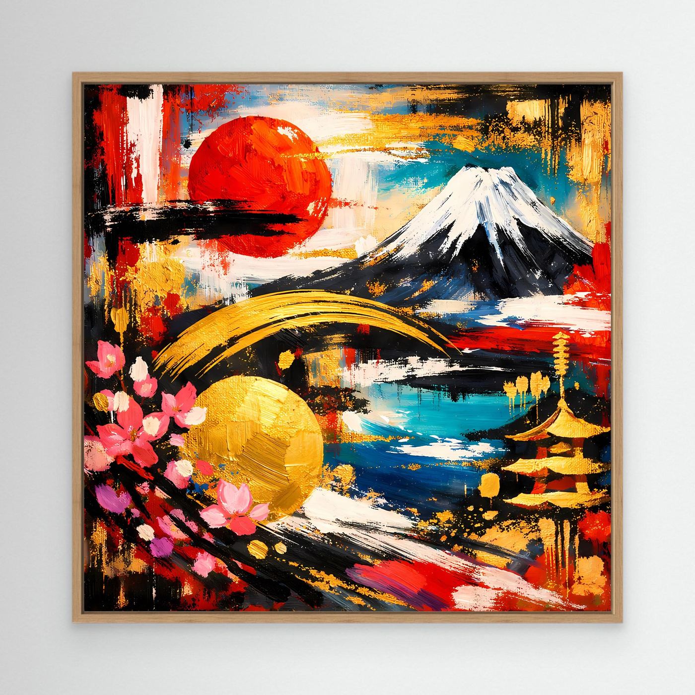 Gerahmtes Leinwandbild: abstrakter Fuji mit roter Sonne, Kirschenblüten und pagodenartiger Turm