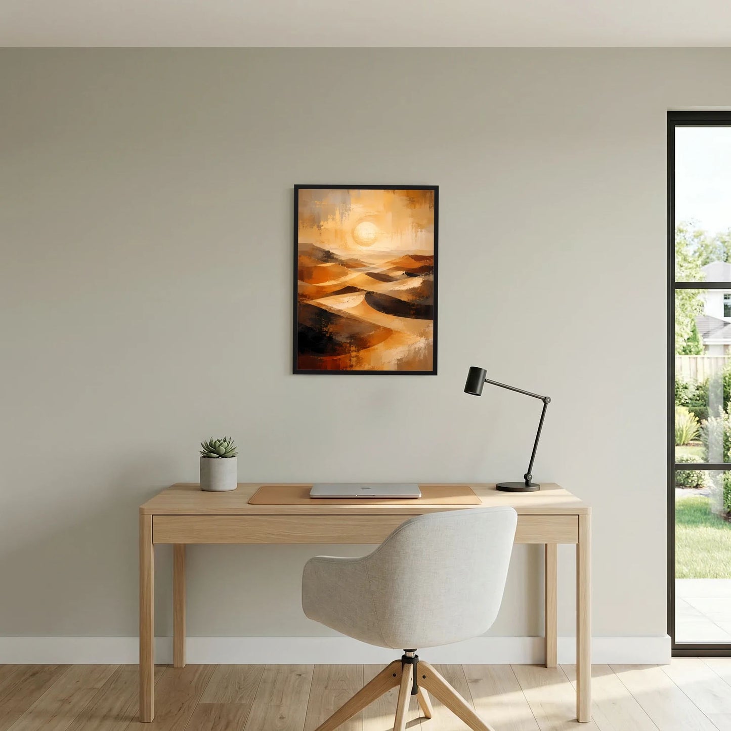 Wandposter mit gold- und orangefarbenen Dünen, abstrakte Farbverläufe und helle Sonne