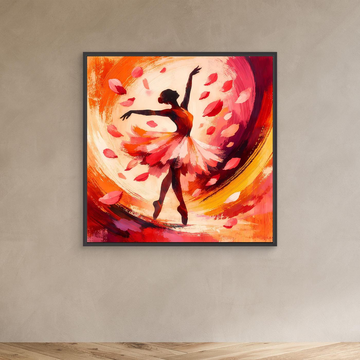Leinwandbild mit Ballerina im Blütenregen, orange-roter Farbverlauf, schwarzer Rahmen