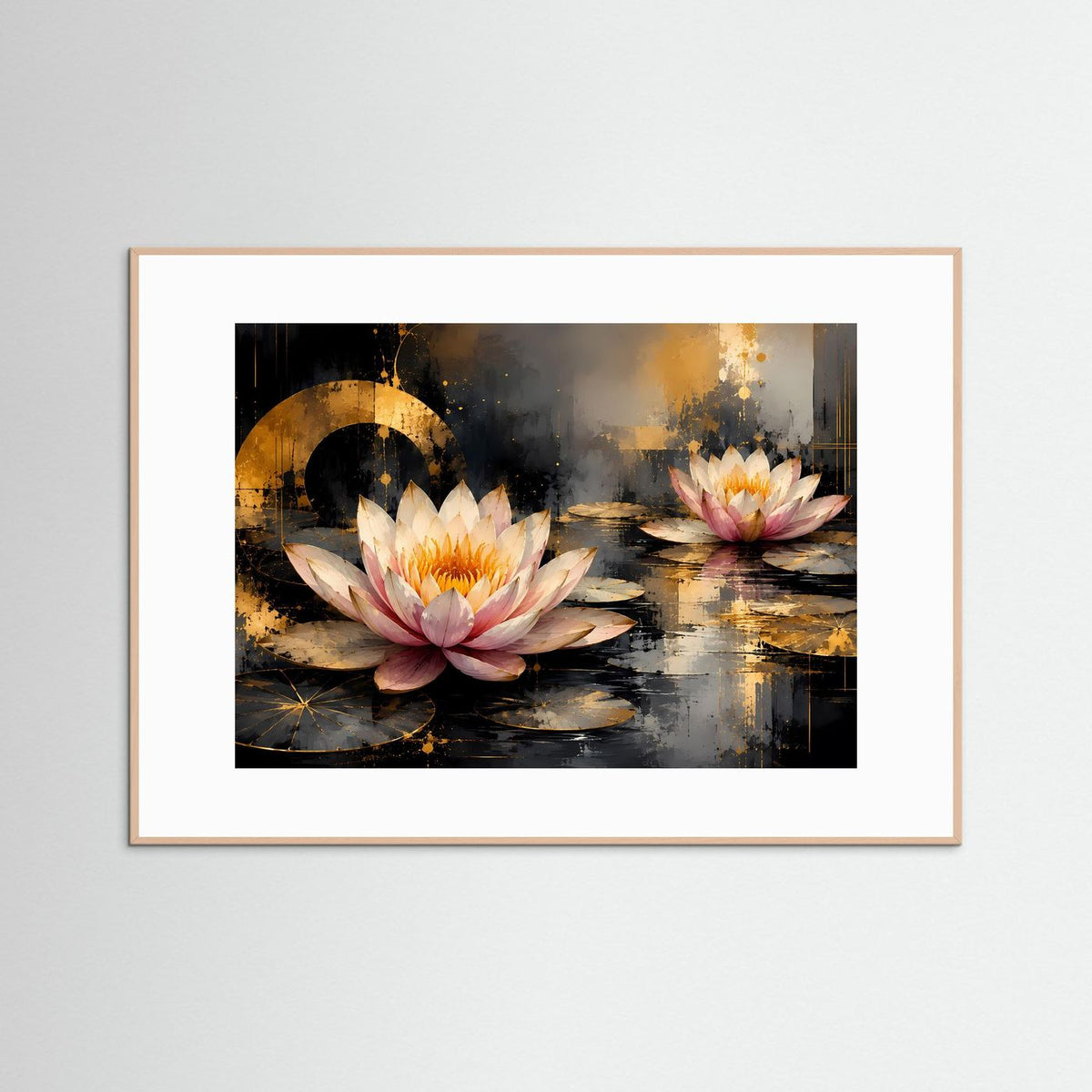 Blumenposter mit Lotusblüten in Rosa und Gold, querformatig im beigen Rahmen