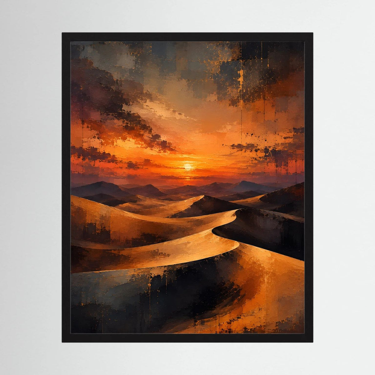 Hochformat-Poster mit abstrakten Sanddünen bei Sonnenuntergang, schwarzer Rahmen