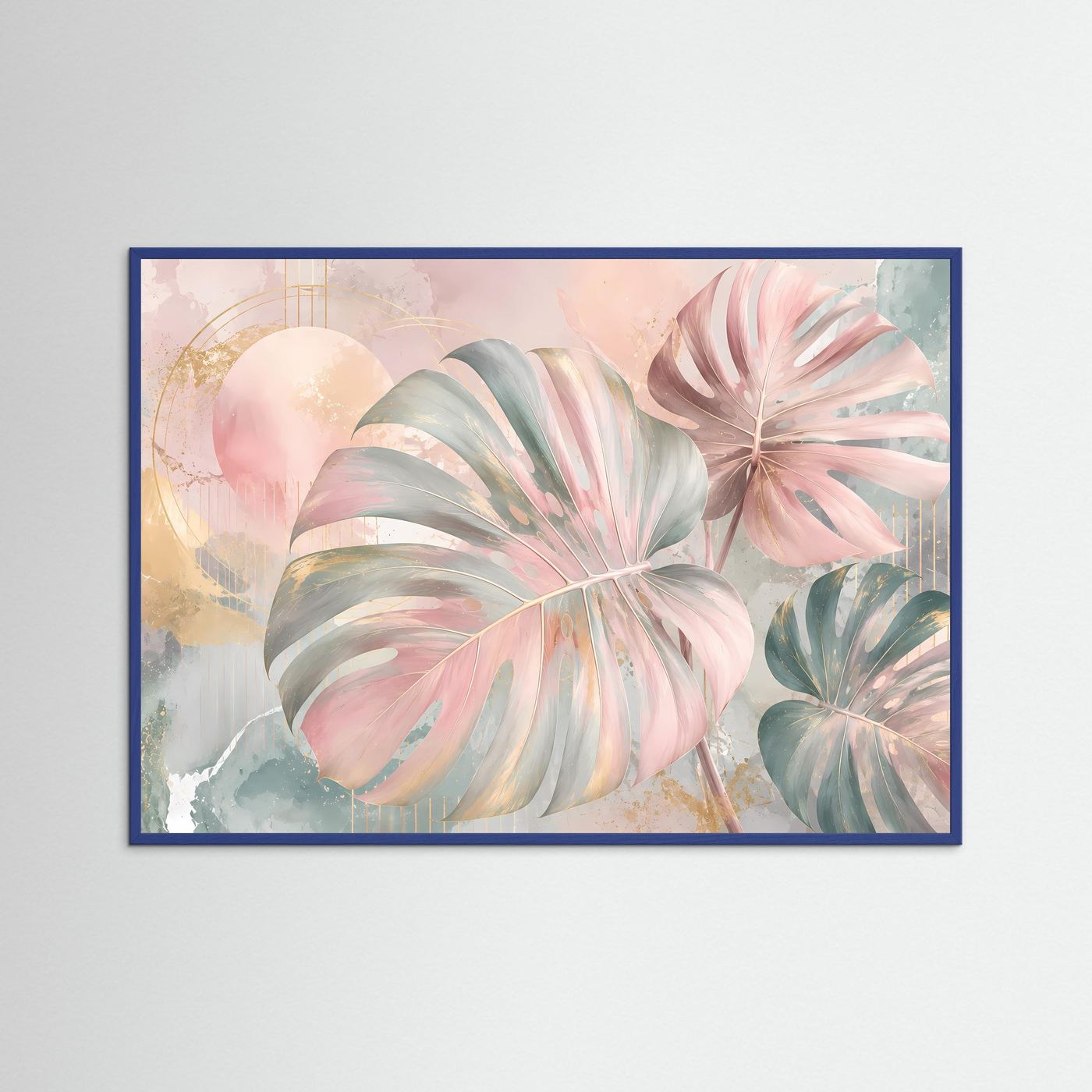 Monstera Blätter Poster Querformat | Tropische Wandkunst Pastell Rosa Gold | Moderne Botanische Kunst