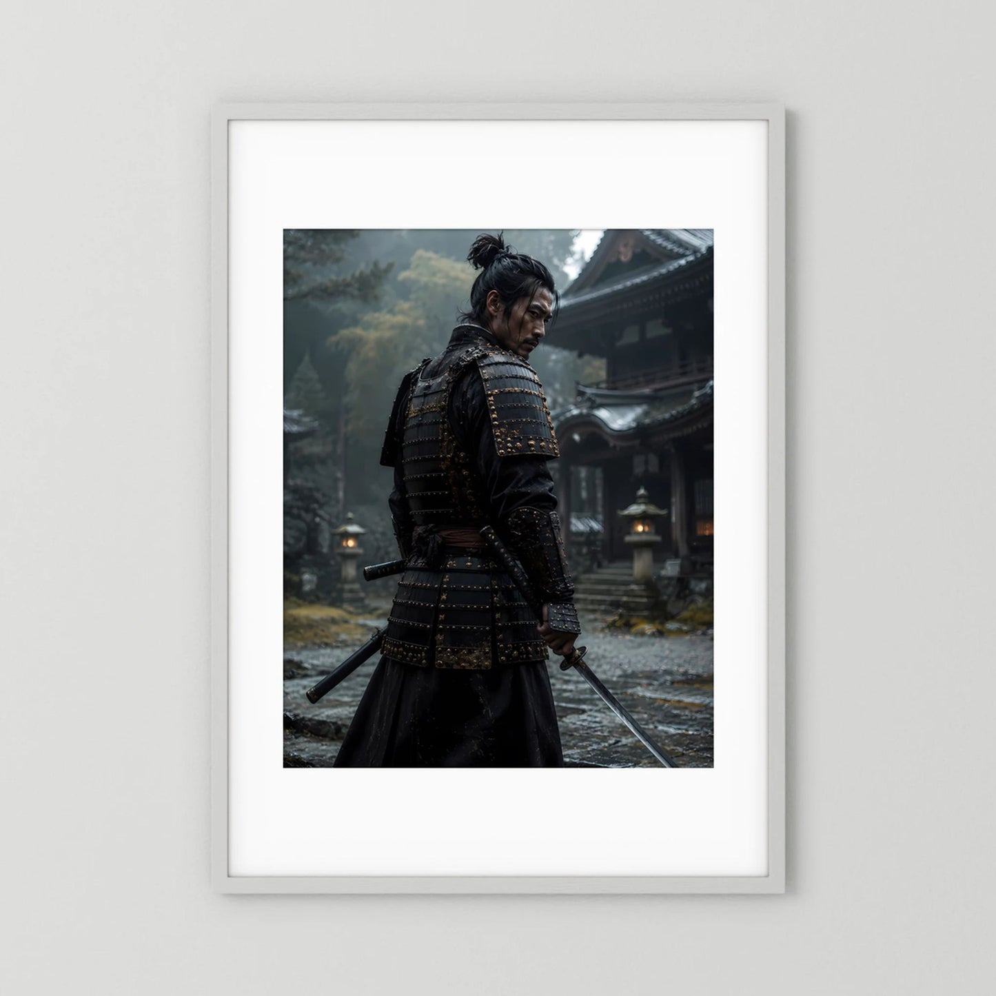 Poster mit Samurai in schwarzer Rüstung im Tempel, weiß gerahmt